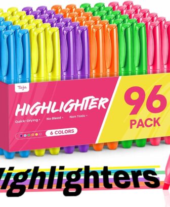 Taja 96 Pack Highlighters, 6 Assorted Colors, Value Bulk Pack, Chisel Tip