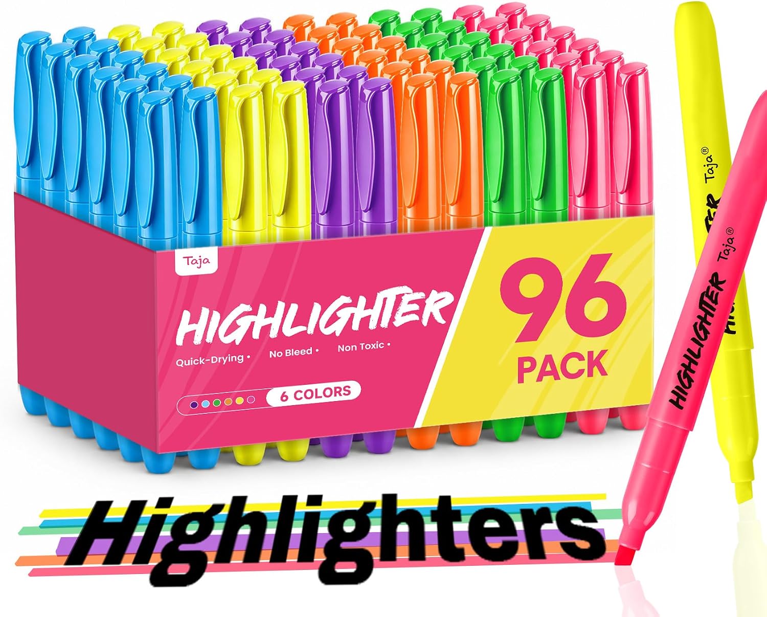 Taja 96 Pack Highlighters, 6 Assorted Colors, Value Bulk Pack, Chisel Tip