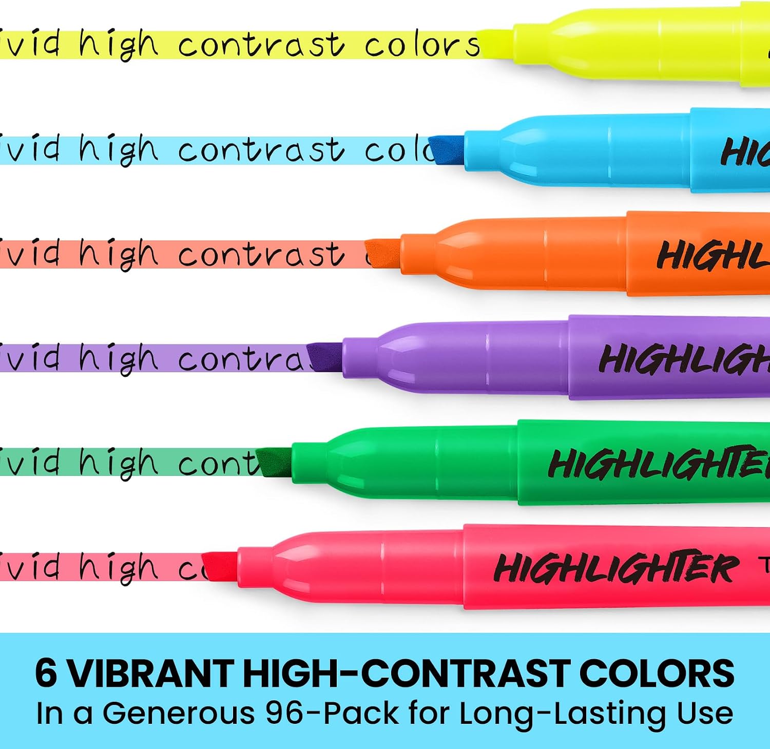 Taja 96 Pack Highlighters, 6 Assorted Colors, Value Bulk Pack, Chisel Tip - Image 2